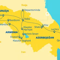 Mapa turystyczna państw na Kaukazie: Gruzja, Armenia, Azerbejdżan. Zaznaczone miasta: Batumi, Kutaisi, Tbilisi, Erywań, Baku.