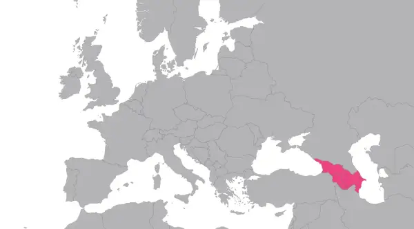 Mapa Europy z zaznaczoną Gruzją. Czy Gruzja jest w Europie? Położenie kraju sugeruje, że tak.